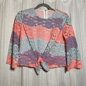 Fairycore Multi Pastel Floral Stripe Lace Tie Front Crop Top 3/4 Sleeve S Nimill